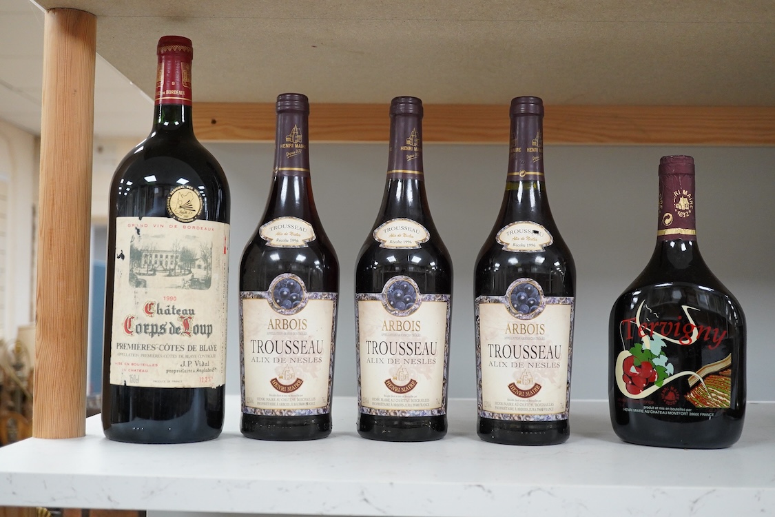 Five bottles: including a bottle of Chateau Corps de Loup, premieres cote de Blaye 1990